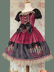 Wine Red Suede Polka Dot Sweet Lolita Dress with Chandelier Print and Black Bows