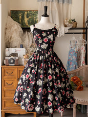 Strawberry Print Black Summer Floral Dress Two Bowknot Pins on Waist