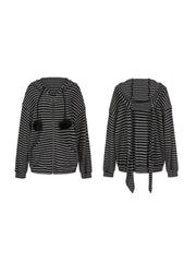 Plus Size Black & Gray Stripes Bunny Hoodie Jacket with Pompon Drawstrings
