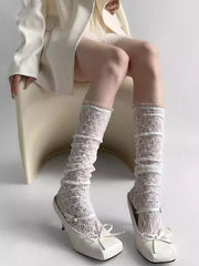 White Hollow-out Design  Lace Trim Calf Socks