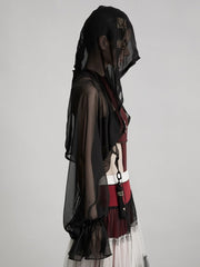 Urban Goth Black Sheer Hooded Embellished Blouse with Tassel Details