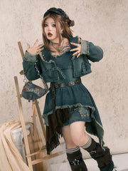 Plus Size Y2K Gray-Blue Distressed Denim Slip Dress with Layered Asymmetrical Hem & Star Patch