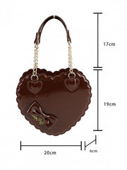 2-Way Heart Cookie Bag in Brown PU - Lolita Style with Bow Decor & Zipper Closure