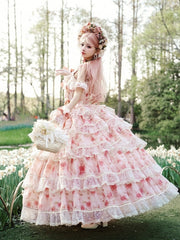 Romantic Rosette Print Quinceanera Princess Dress Hanayome Lolita JSK Tiered Skirt Floor Length
