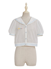 White Sailor Collar Blue Buttons Summer Top