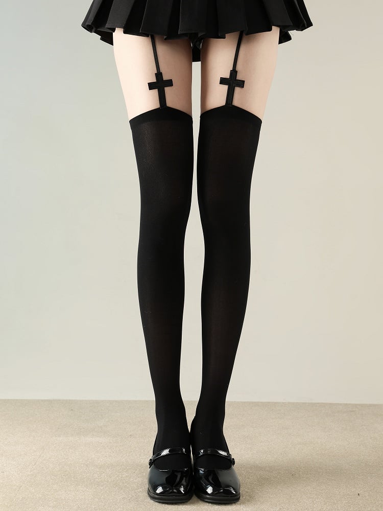 Gothic Style Black/White/Gray Small Cross Suspender Stockings