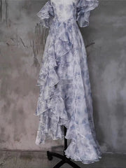 Purple Open Shoulder Fairycore Cascading Ruffle Chiffon Dress