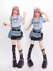 Y2K Light Blue Buckle Strap Tiered Plaid Skirt