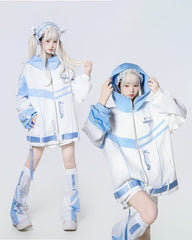 Tenshi Kaiwai  Futuristic Landmine Coord Set in Blue & White - Cyber Angel Techwear Jacket, Shorts & Leg Warmers