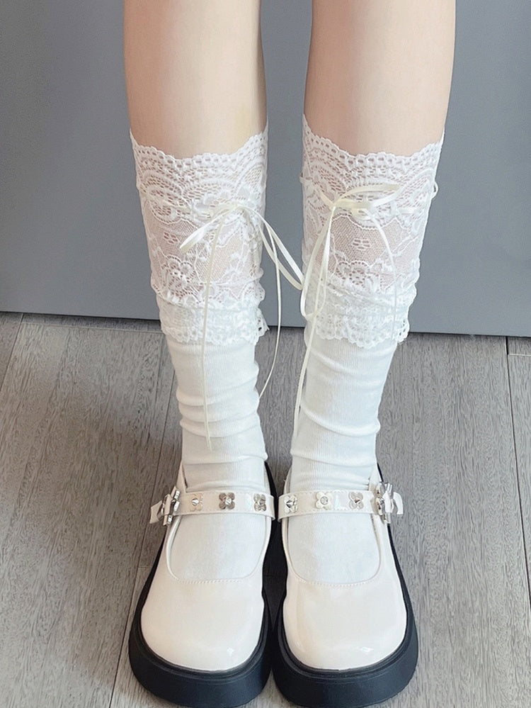White/White & Pink/White & Blue Bowknot Strap Lace Trim Calf Socks/ Over Knee Stockings