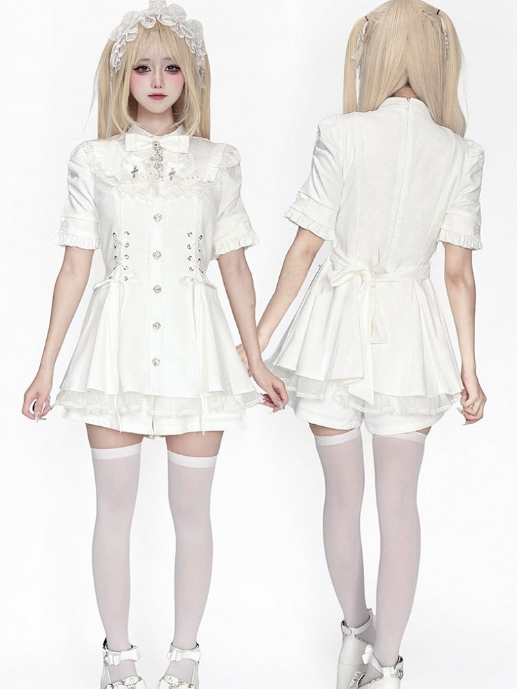 Jirai Kei All-White Short Sleeve Dress Set with Detachable Bib Bow Tie, Corset Lace-Up Waist & Matching Shorts