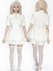 Jirai Kei All-White Short Sleeve Dress Set with Detachable Bib Bow Tie, Corset Lace-Up Waist & Matching Shorts