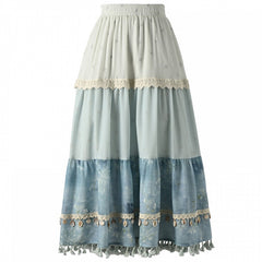 Tassel Hem Shell Charm Lace Trim Tie Dye Patchwork Design Blue Skirt
