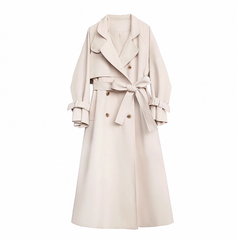 Beige Elegant Long Windbreaker with Self-tie Straps & Notched Collar