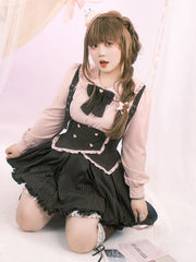 Plus Size Black Striped Ruffled Trim Set: Overall Skirt with Adjustable Straps & Elastic Waist Bloomers