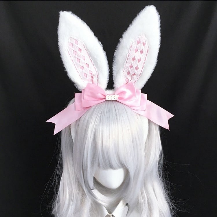 Pink/Red/Black/Black Bow Decorated White Faux Bunny Ear Lolita KC with Diamond Pattern Alice Vibes