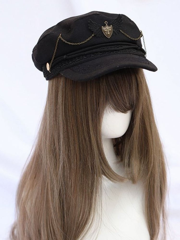 Black Military Lolita Badge Chain Beret