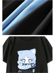 Chiikawa Hachiware Inspired Black Cute Kitty Print T-shirt