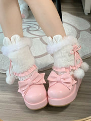Pompon Embellishment, Bow Accents & Lace Details with Inner Zip PU Baby Pink Platform Boots in Sweet Lolita