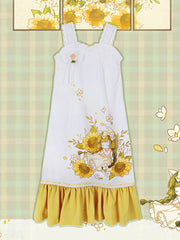White & Yellow Lace Bowknot Detail Girl and Sunflower Print Dress