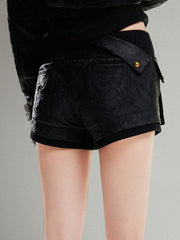 Black Punk Vinatge Textured PU Low-Rise Shorts with Triple Strap & Metal Studs
