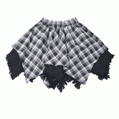 Frayed Handkerchief Hem Blue & White /Black & White Plaid Skirt