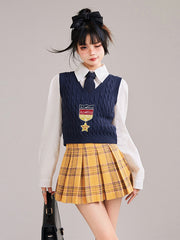 Yellow Plaid Pattern Preppy Box Pleat Skirt