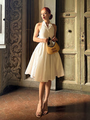 Vintage White Halter Neck Self-tie Straps Backless Top