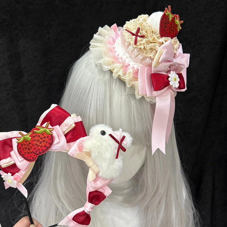 Strawberry Bunny KC & Lace Mini Hat Pink and Red Sweet Lolita Style