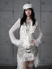 Beige Vintage Princess Blouse with Tiered Flounce Lace & Tie-Neck Detail