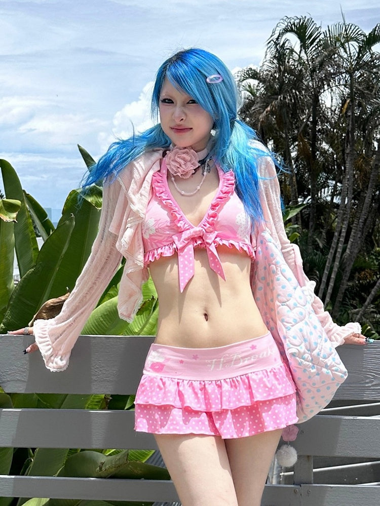 Pink Semi-Sheer Sun Protection Cardigan with Cascading Ruffle Accents & Lace Trim