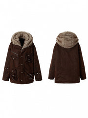 Heavy-Duty Dark Red Punk Fuzzy Hood Coat with 3D Pockets & Diagonal Straps