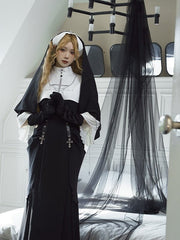 Black and White Slim-fitting Gothic Nun Lolita Dress with Cross Applique