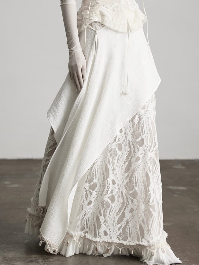 Urban Goth White Floral Pattern Tulle Umbrella Skirt with Shell Charms + White Shawl