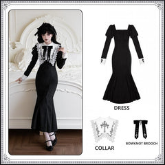 Black Elegant Lolita Mermaid Dress + White Embroidered Collar + Bowknot Brooch