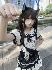 Soft & Adorable Black and White Overall Dress - 'Piano Key' Box Pleats / Peter Pan Collar T-shirt with Kitten Print