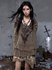 Wasteland Punk Vintage Brown-Green Knit Dress - Deep V-Neck with Collar Flower & Crossed Back Lace