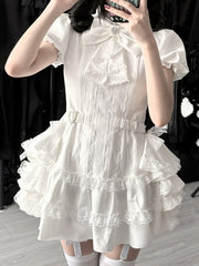 White Gothic Jirai Kei Set: Dress with Puffy Sleeves & Flowing Side Train，Shorts and Bow Tie