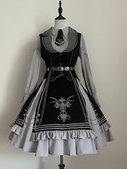 Black And Gray Military Lolita Set- Long Sleeves Shirt + Black Waistcoat + Skirt