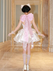 White Marie Cat Lolita Dress with Pearl Halter & Pink Bow – Kawaii Elegant Birthday Party Dress