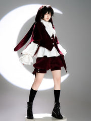 Wine Red Ouji Lolita Velvet Jacket with Oversized Bunny Ears Hood