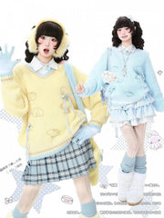 Yellow/Blue Daily Kawaii V-neck Sweater with Dog Pattern & Bow-shaped Clips