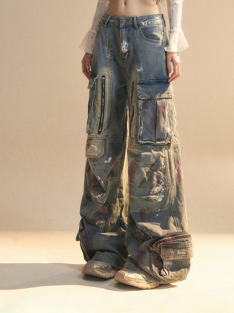 Spray Paint Print Cargo Pockets Zipper Details Blue Distressed Wide-Leg Jeans