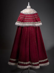 Beige Nun Lolita Juliette Sleeves Dress + Shimmer Red Embroidered Royal Cloak + Rope Accessory