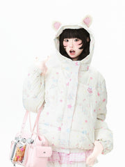 White Daily Kawaii Blouson Jacket - Star and Bear Patterns, Bear Ear Hood & Dual Closure
