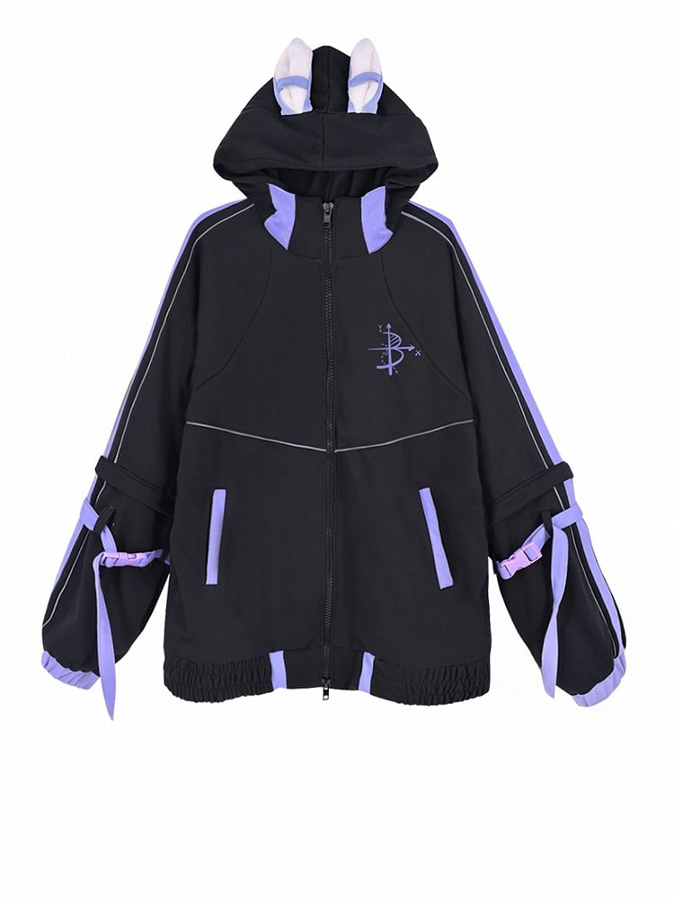 White & Purple Ear Design Buckle Strap Detachable Sleeves Jirai Kei Hooded Jacket