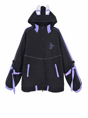 White & Purple Ear Design Buckle Strap Detachable Sleeves Jirai Kei Hooded Jacket