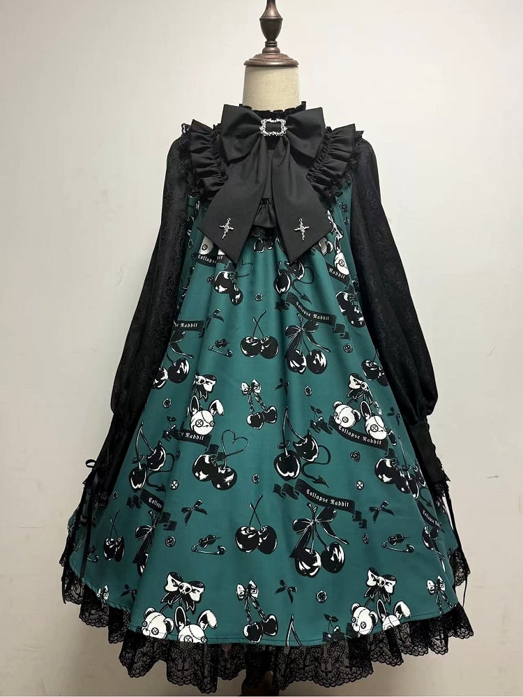 Cherry and Bunny Dolls Print Green & Black Dark Gothic Lolita OP Dress