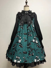 Cherry and Bunny Dolls Print Green & Black Dark Gothic Lolita OP Dress