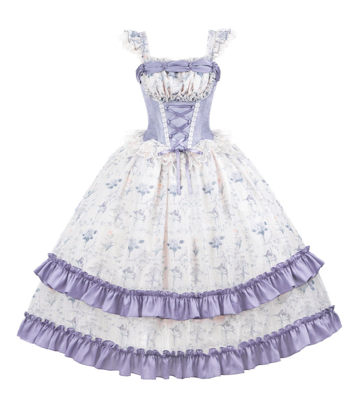 Purple Boned Corset Bodice Iris Print Lolita Dress Classic Floral Print Lolita Jumper Skirt